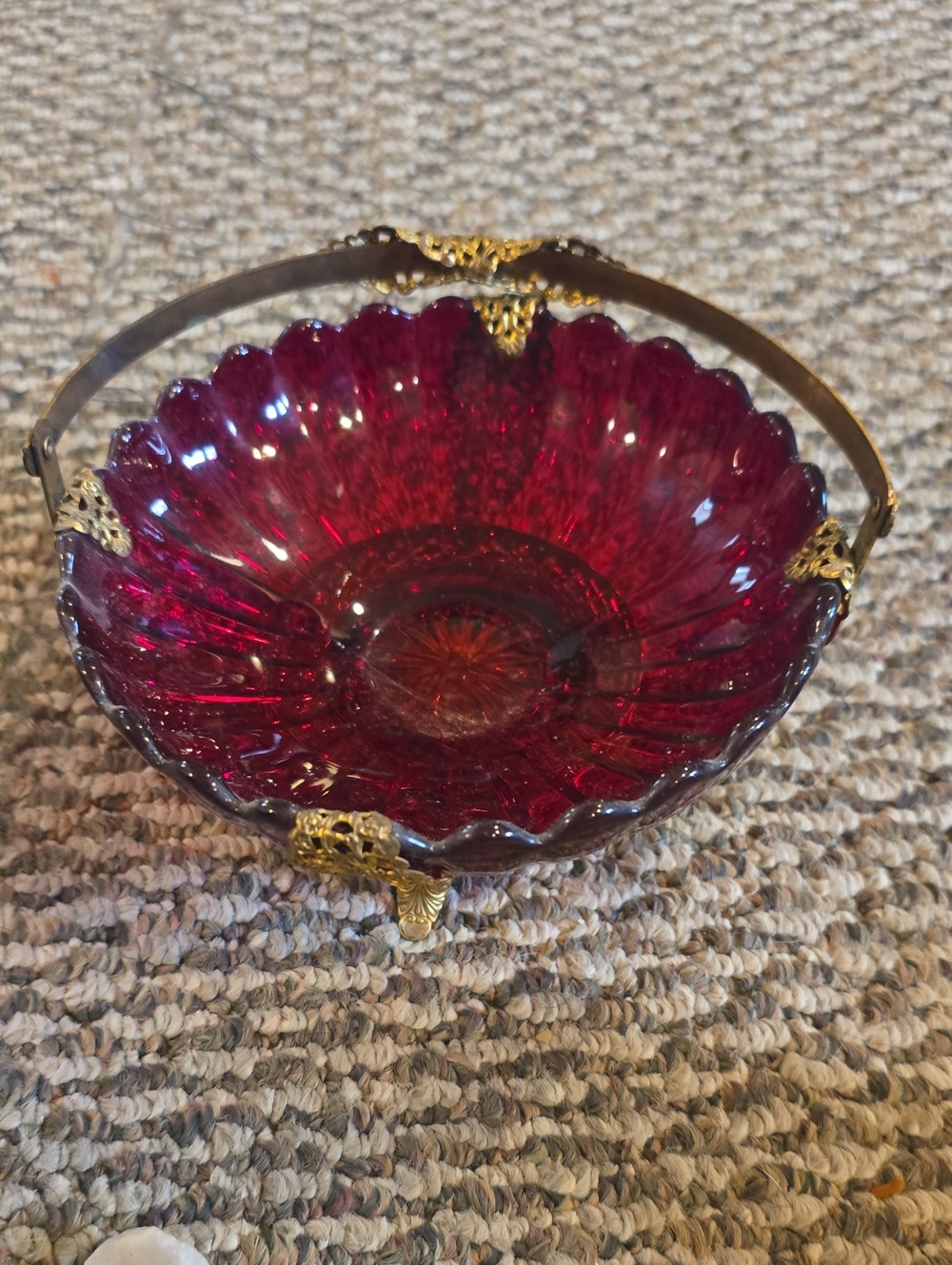 Vintage Decorative Ruby Red Glass & Gold Filigree Basket - Picture 4 of 4
